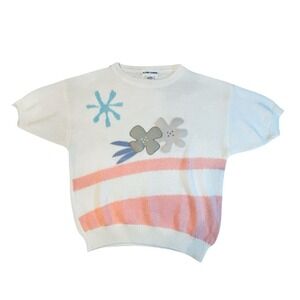 Alfred Dunner Vintage Short Sleeve Sweater White Pink Floral‎ Applique Large